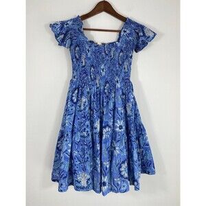 Lilbelle Blue Floral Smocked Dress Womens O/S Boho Cottagecore Midi